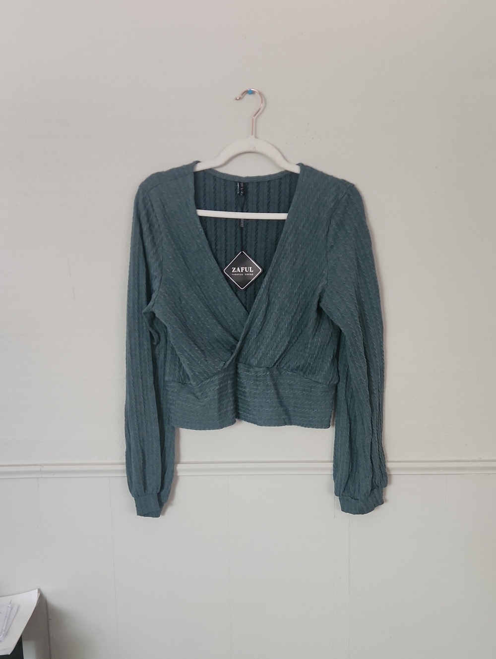 Zaful Teal Ribbed Wrap V‑Neck Sweater